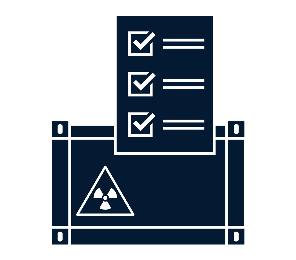 Grafisches, blaues Symbol, das eine schematisierte Checkliste und darunter einen Container mit Symbol für Radioaktivität zeigt.