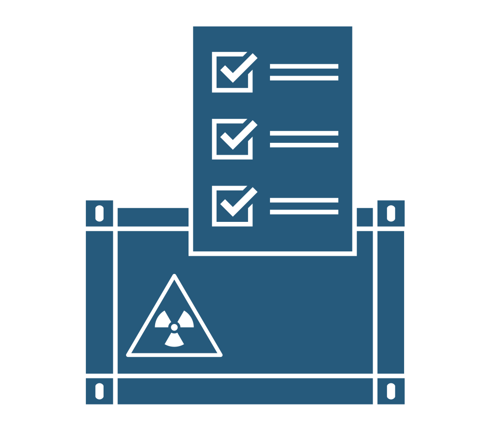 Grafisches, blaues Symbol, das eine schematisierte Checkliste und darunter einen Container mit Symbol für Radioaktivität zeigt.