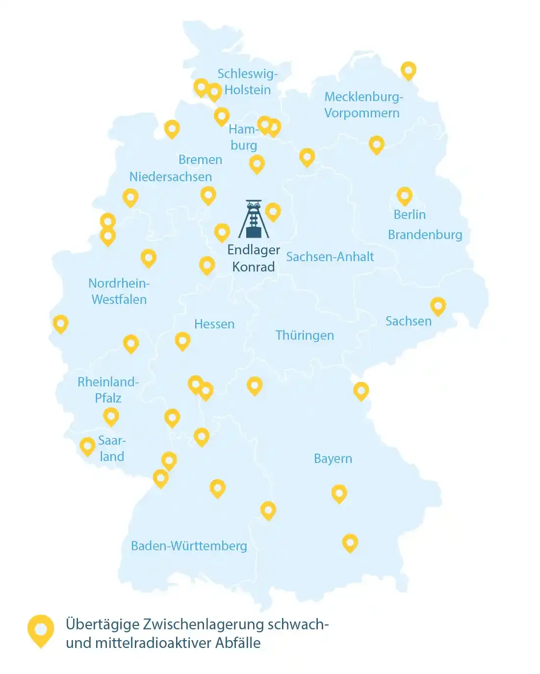 Deutschlandkarte mit Zwischenlagerstandorten Grafische Darstellung der Standorte von Zwischenlagern in Deutschland