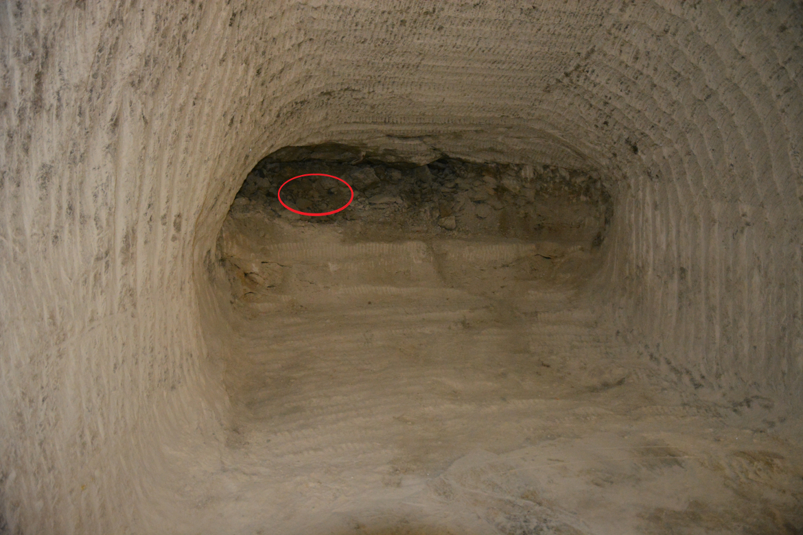 Ein Stollen nahe des Blindschachtes 2 im Bergwerk Asse II. Im Abbau 4 auf der 490-Meter-Ebene entseht eine Wand aus Sorelbeton.