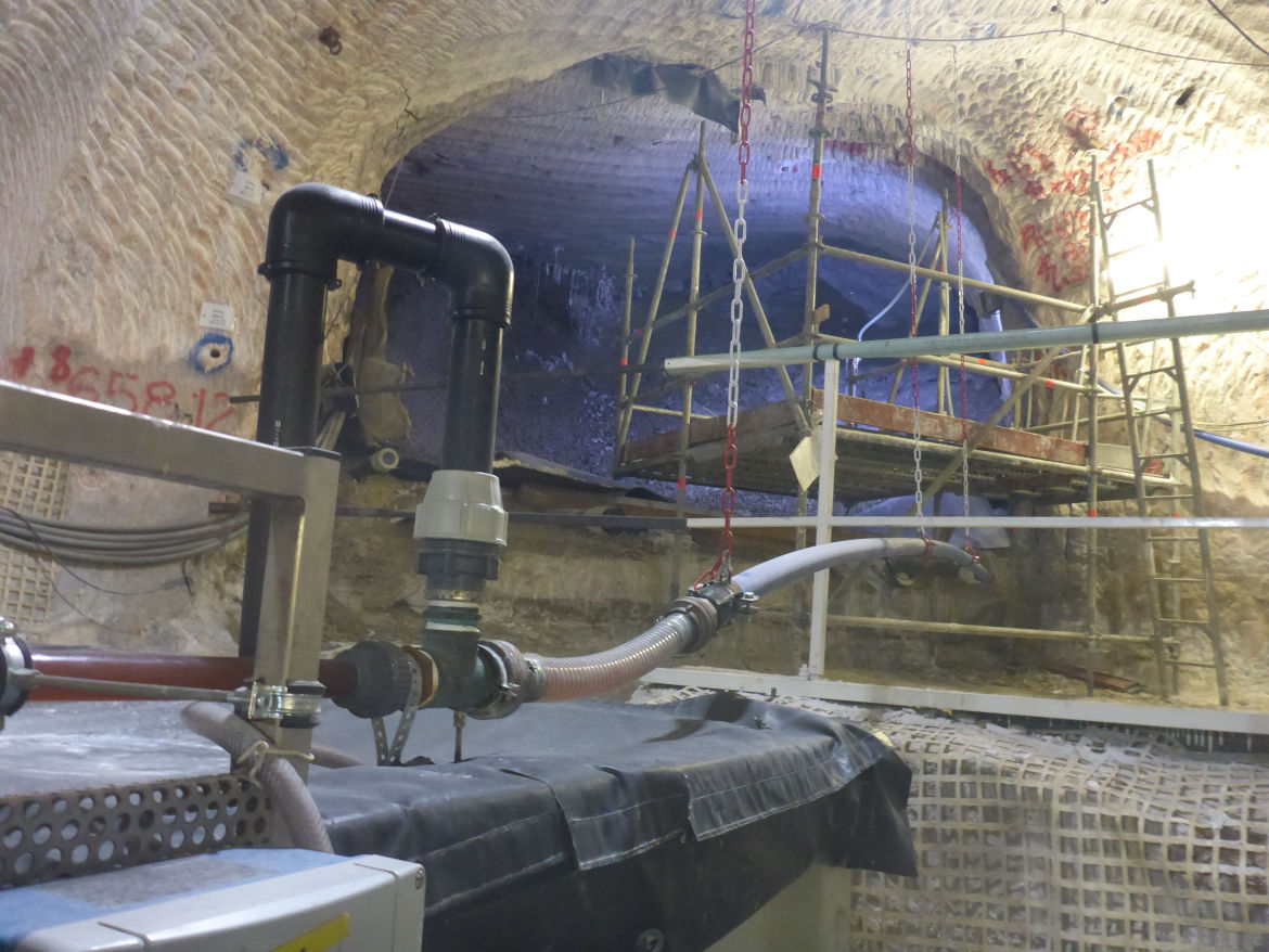 Hauptauffangstelle in der Schachtanlage Asse II Zugang zum Abbau 3 auf der 658-Meter-Ebene. Hier und auf der 725-Meter-Ebene gibt es in dieser Woche eine Erhöhung der Fassungsmenge.