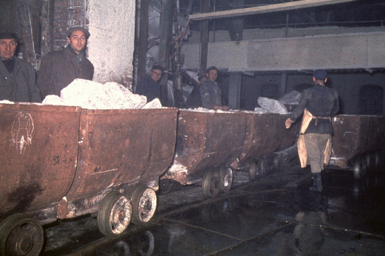 Underground: trucks and miners loaded with rock salt.