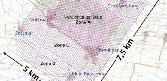 3D-Seismik: Grafische Darstellung des Messnetzes im Gelände um die Schachtanlage Asse herum. Zur Seite "Der Umfang"