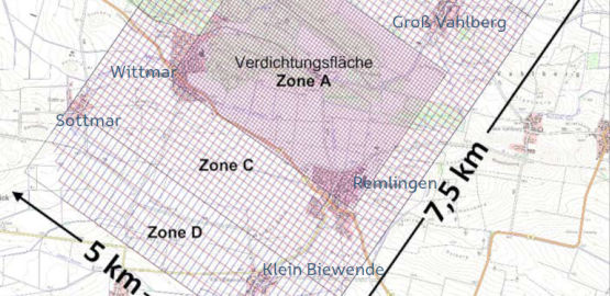 3D seismic: Graphical representation of the measurement network in the terrain around the Asse mine. Link to page "Scope"