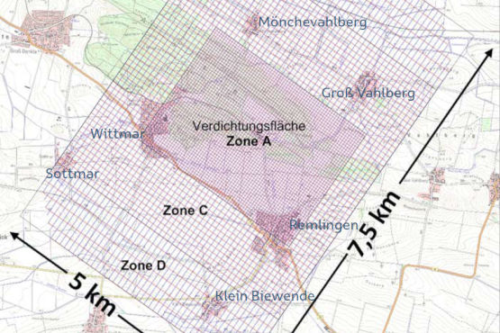 Das Messnetz der 3D-Seismik 3D seismics: Graphical representation of the measurement network in the terrain around the Asse mine.