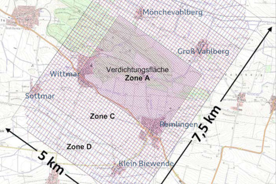 3D-Seismik: Grafische Darstellung des Messnetzes im Gelände um die Schachtanlage Asse herum.