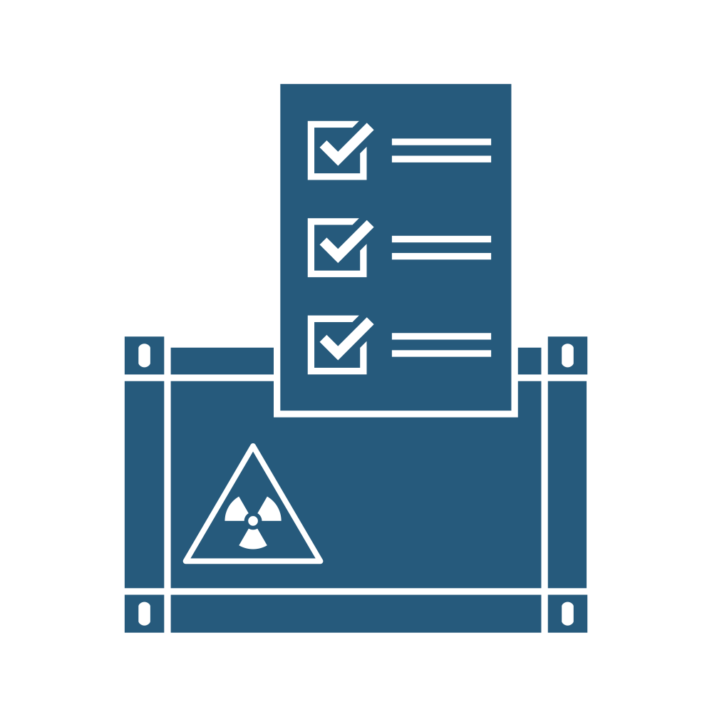 Grafisches, blaues Symbol, das eine schematisierte Checkliste und darunter einen Container mit Symbol für Radioaktivität zeigt.