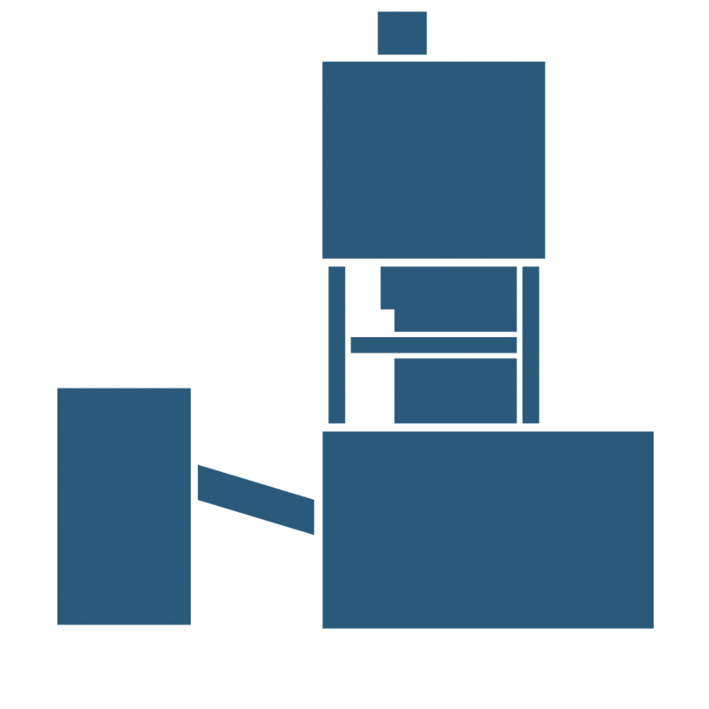 Grafisches, blaues Symbol, welches den Förderturm des Bergwerks Gorleben in schematisierter Form darstellt.
