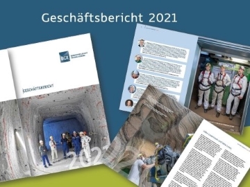 Collage von mehreren überlappenden Seiten aus dem BGE-Geschäftsbericht 2021, die unter anderem Fotos von unter Tage und Bergleute in Arbeitskleidung zeigen.