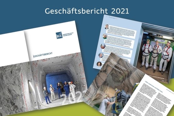 Collage von mehreren überlappenden Seiten aus dem BGE-Geschäftsbericht 2021
