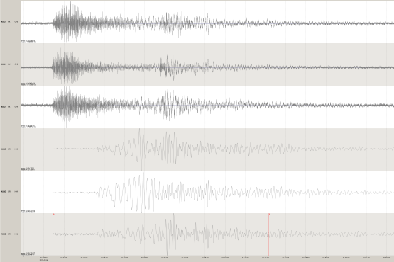 Screenshot von Wellenformen in einem Computerprogramm, die die seismische Aktivität durch die schweren Erdbeben in der Türkei visualisieren.