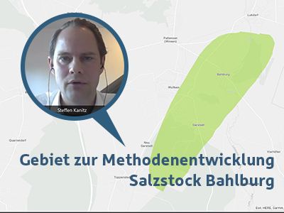 Karte mit grün eingefärbtem Bereich, der den Salzstock Bahlburg markiert, daneben ein Bild von BGE-Geschäftsführer Steffen Kanitz