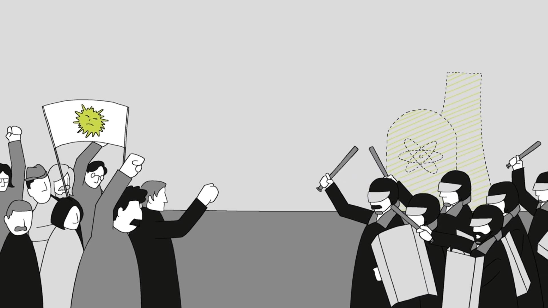 Schmematische Darstellung von gegen Atomkraft demonstrierenden Menschen links im Bild. Gegenüber eine Gruppe von bewaffneten Sicherheitskräften, die sich gegen die Demonstrierenden stellen.
