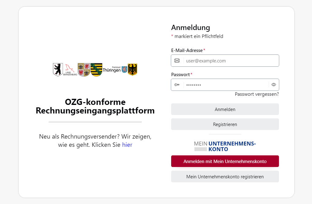 Screenshot, der den Anmeldebildschirm zur XRechnung in einem Internet-Browser zeigt.