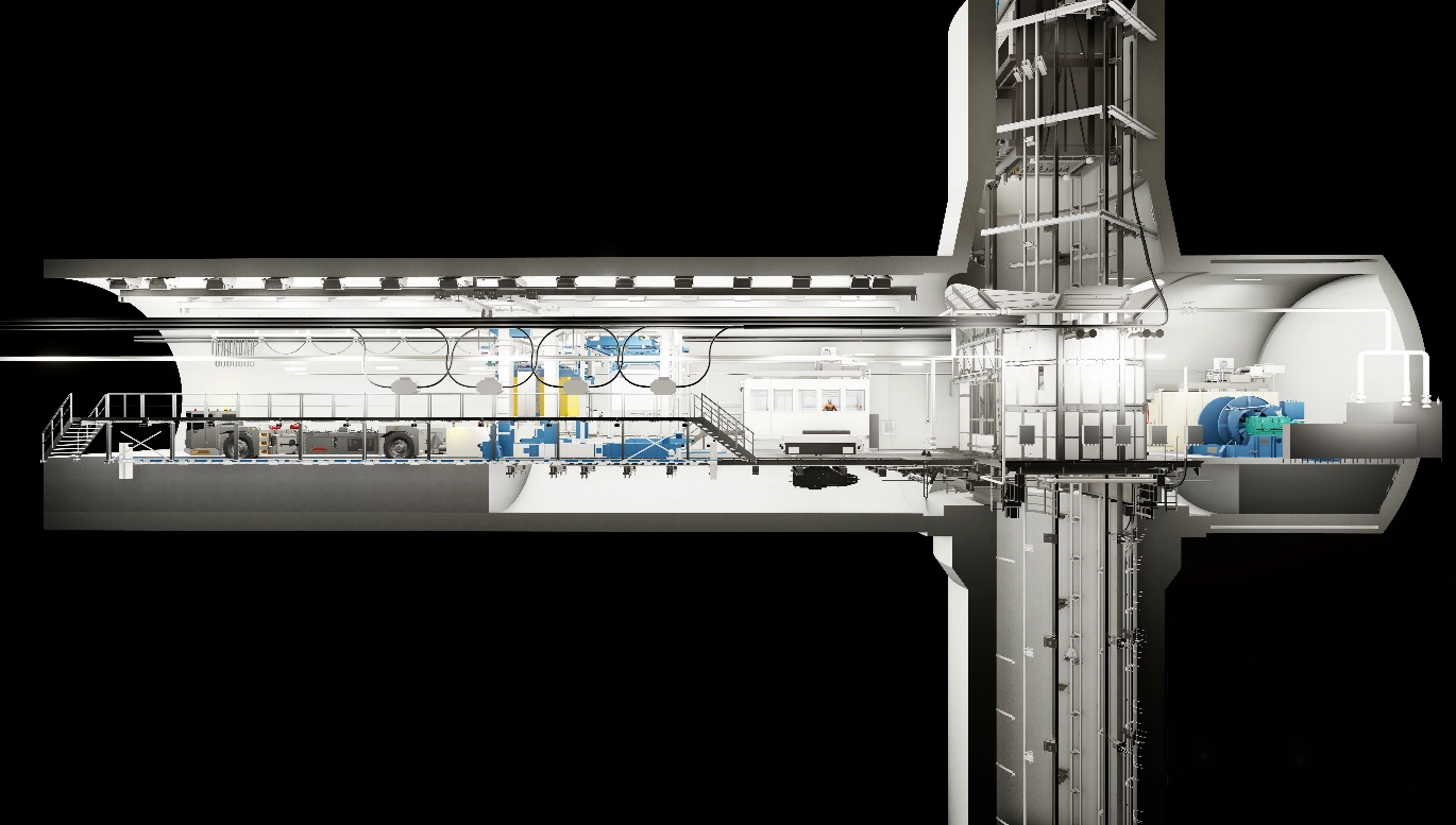 CAD-Grafik eines Querschnitts der Umladestation auf der 2. Ebene von Schacht Konrad. Auf der Grafik sind unter anderem ein Transportfahrzeug, Treppen, Kabel und Winden zu sehen