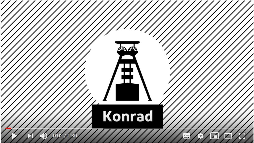 The shaft tower Konrad 1 stylised as an icon. Starts Video Player with Youtube Video "Konrad repository explained in 90 seconds"