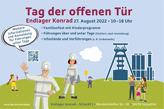 Veranstaltungsplakat mit Bergleuten und Familien auf einer grünen Wiese vor einem blauen Himmel, das die wichtigsten Infos zum Tag der offenen Tür im Endlager Konrad bereithält. 