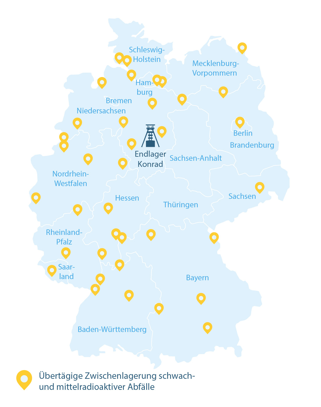 Deutschlandkarte mit Zwischenlagerstandorten Grafische Darstellung der Standorte von Zwischenlagern in Deutschland