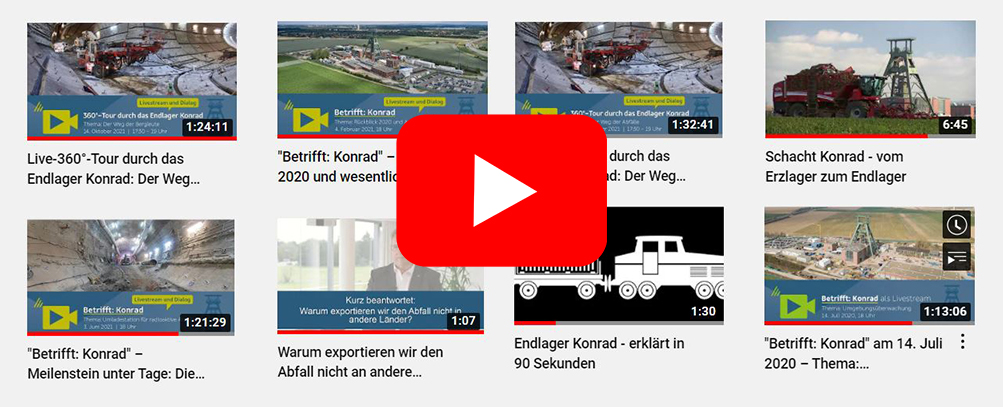 Grafik, die mit mehreren kleinen Fotos und einem roten Abspielknopf auf das YouTube-Angebot zum Endlager Konrad verlinkt.