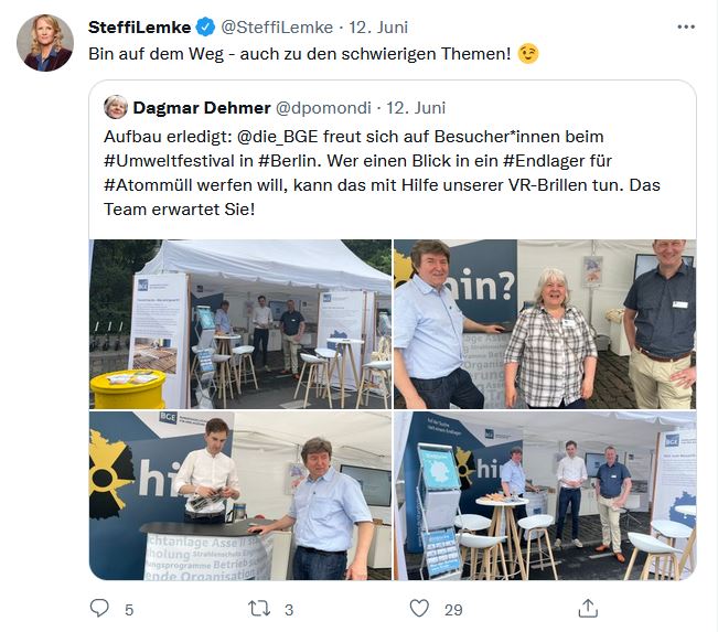 Screenshot eines Tweets von Bundesumweltministerin Steffi Lemke, die wiederum einen Tweet mit Fotos vom Umweltfestival von BGE-Bereichsleiterin Dagmar Dehmer zitiert. 