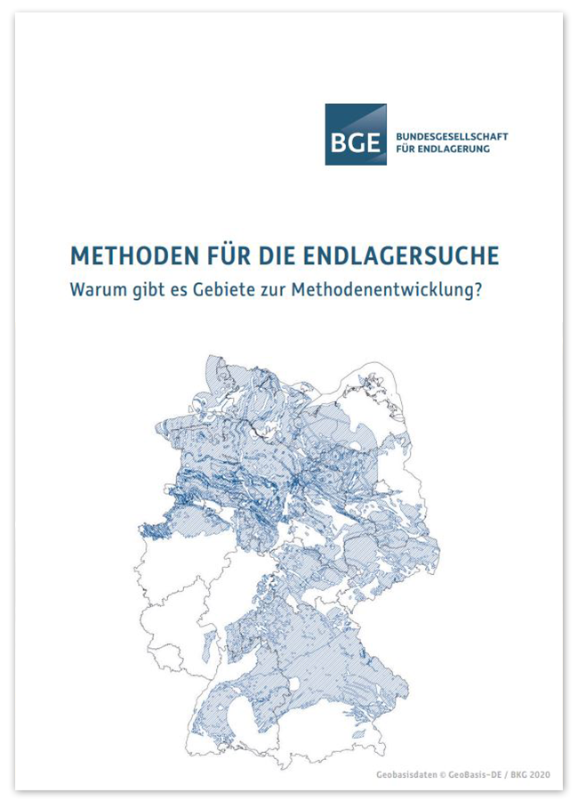 Titelseite der Broschüre "Methoden für die Endlagersuche". Darauf zu sehen: Eine Deutschlandkarte mit einigen blau schraffierten Gebieten.