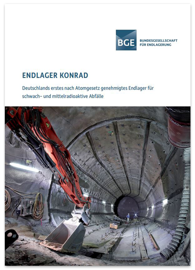 Titelseite der Broschüre "Endlager Konrad". Darauf zu sehen: ein unterirdischer Tunnel und eine Baggerschaufel.