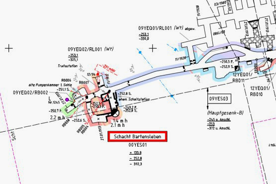 A map section shows mining chambers and routes of the repository mine