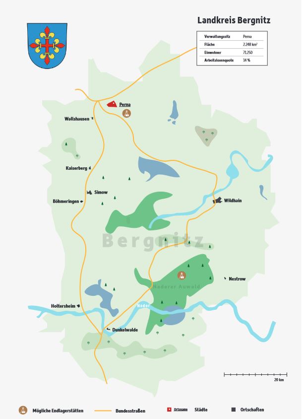 Topografische Karte des fiktiven Landkreises Bergnitz