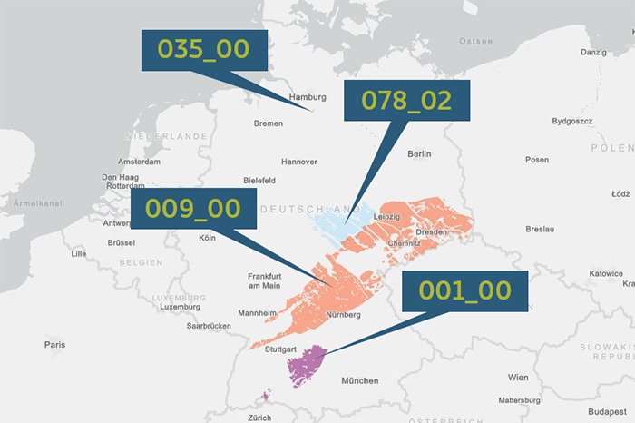 Deutschlandkarte mit den farblich hervorgehobenen Gebieten zur Methodenentwicklung