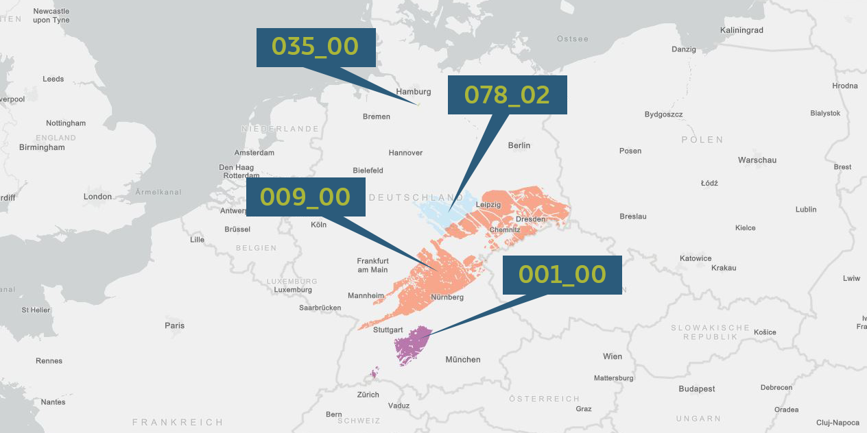 Deutschlandkarte, in der vier Gebiete zur Methodenentwicklung markiert sind.