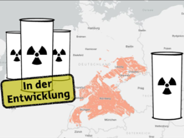 Deutschlandkarte mit markierten Teilgebieten, in denen Kristallingestein vorhanden ist. Links und rechts der Gebiete sind stilisierte Behälter für radioaktive Abfälle eingezeichnet mit dem Hinweis, dass sich diese derzeit „in der Entwicklung“ befinden.