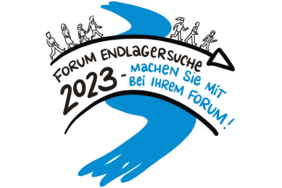 Logo des Forums Endlagersuche: Stilisierte Menschen gehen über einen Schriftzug der sagt „Forum Endlagersuche 2023 – machen Sie mit bei Ihrem Forum“.