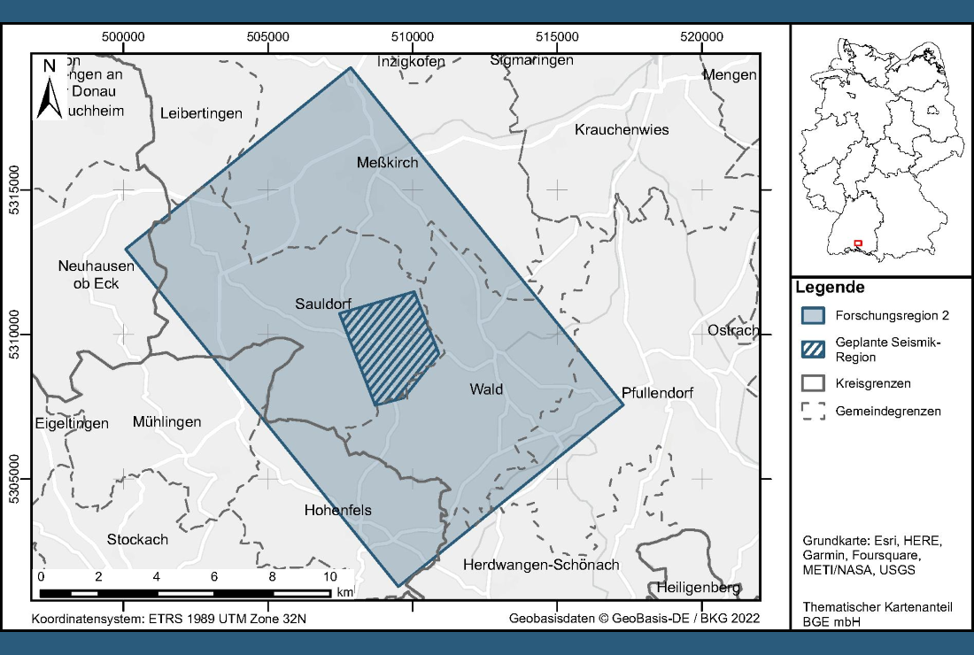 Map of the GeoMetEr research region in the south of Baden-Württemberg. The hatching shows the planned seismic region. The other research region is in Langenweißbach in Saxony.
