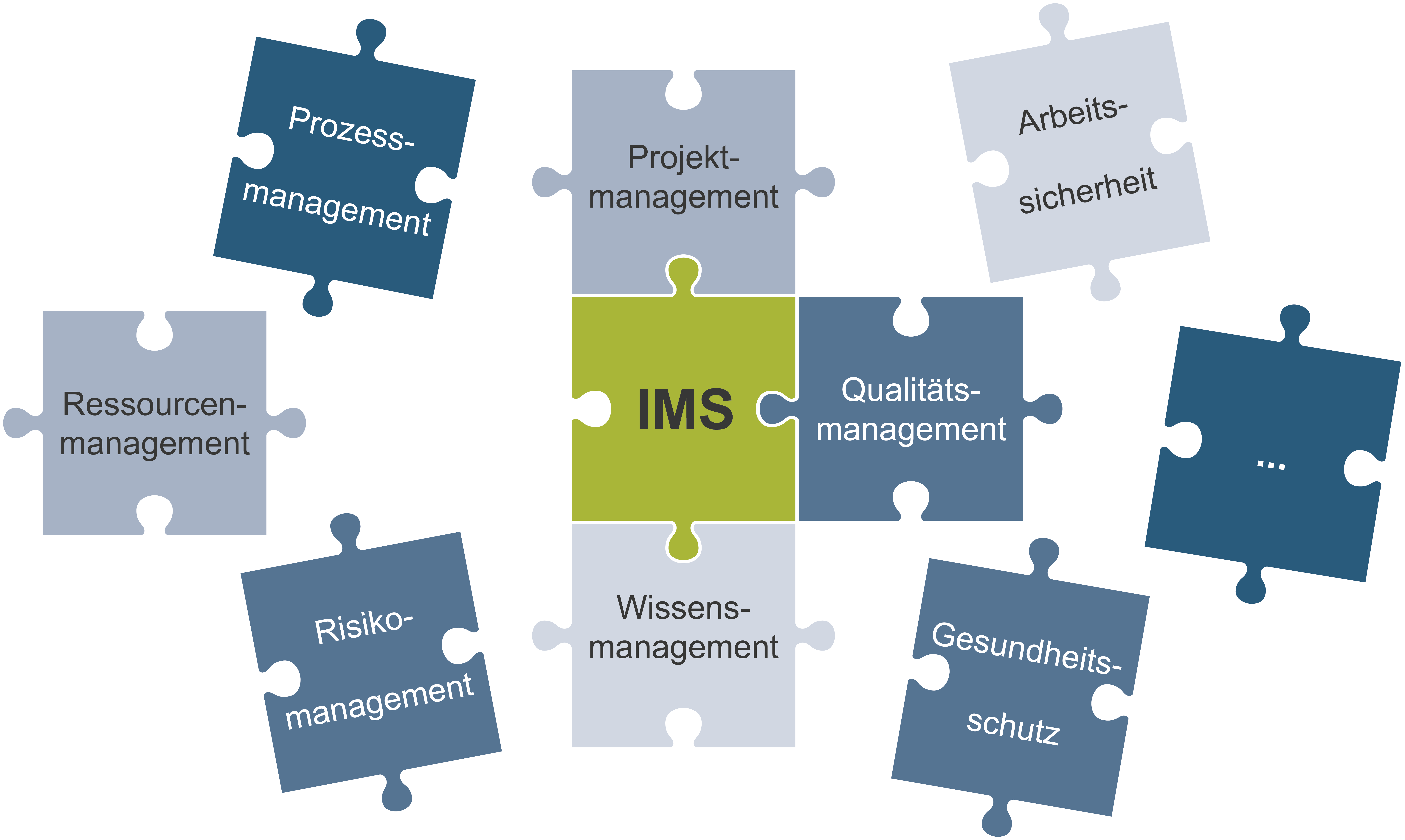 Grafische Darstellung von blauen und grünen Puzzleteilen auf grauem Hintergrund, die teilweise ineinandergreifen. Die Puzzleteile tragen Aufschriften wie „Gesundheitsschutz“ und Projektmanagement. Das zentrale Puzzlestück trägt die Aufschrift „IMS“.