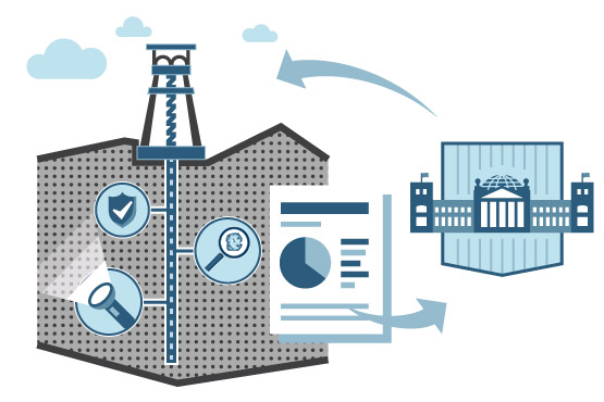 Illustration: a winding tower, symbols for underground exploration as well as a report and arrows to and from the Bundestag