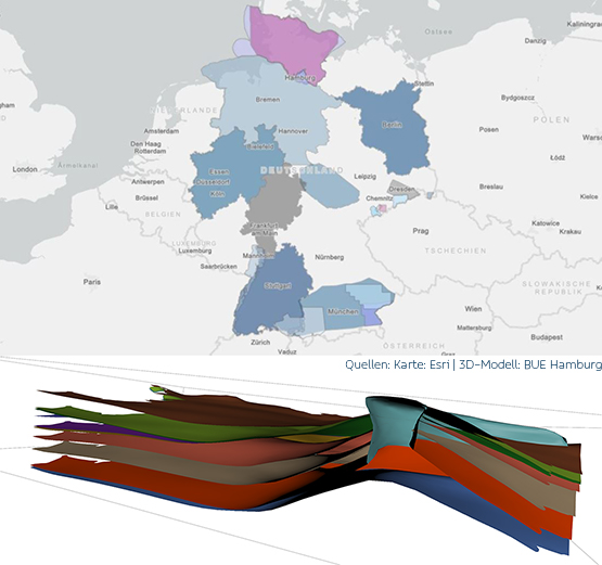 Eingefärbte Deutschlandkarte und Beispiel für ein 3D-Modell