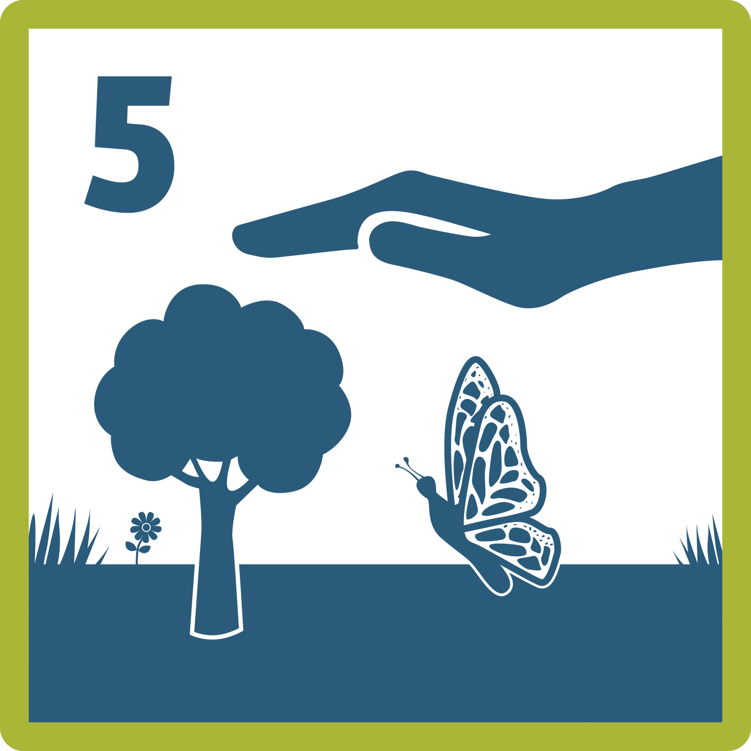 Piktogramm: eine schützende Hand über einem Baum und einem Schmetterling