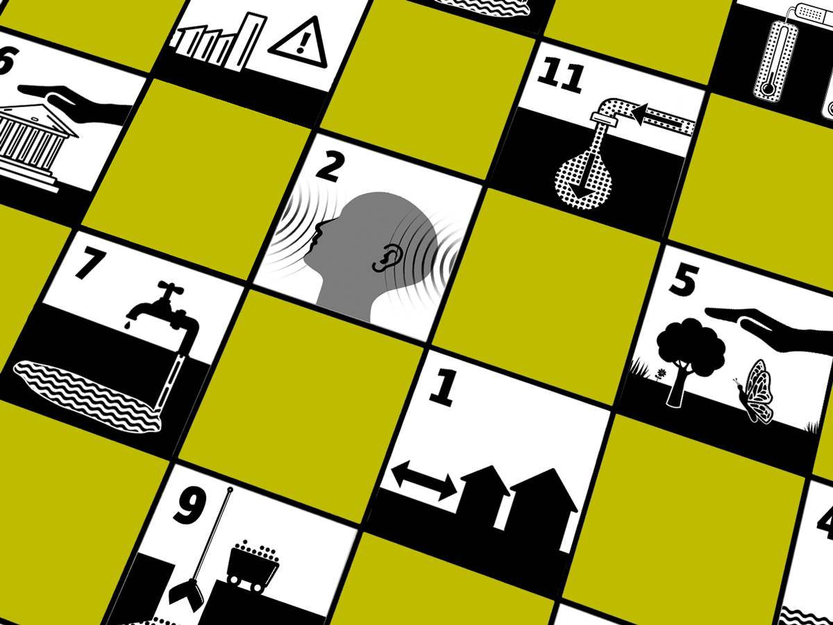 Planungswissenschaftliche Abwägungskriterien Auf einer Art Schachtbrettmuster sind die Piktogramme für die elf planungswissenschaftlichen Abwägungskriterien dargestellt