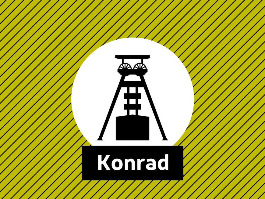In einem Kreis ist das Piktogramm des Förderturms des Endlagers Konrad zu sehen. Darunter steht Konrad.