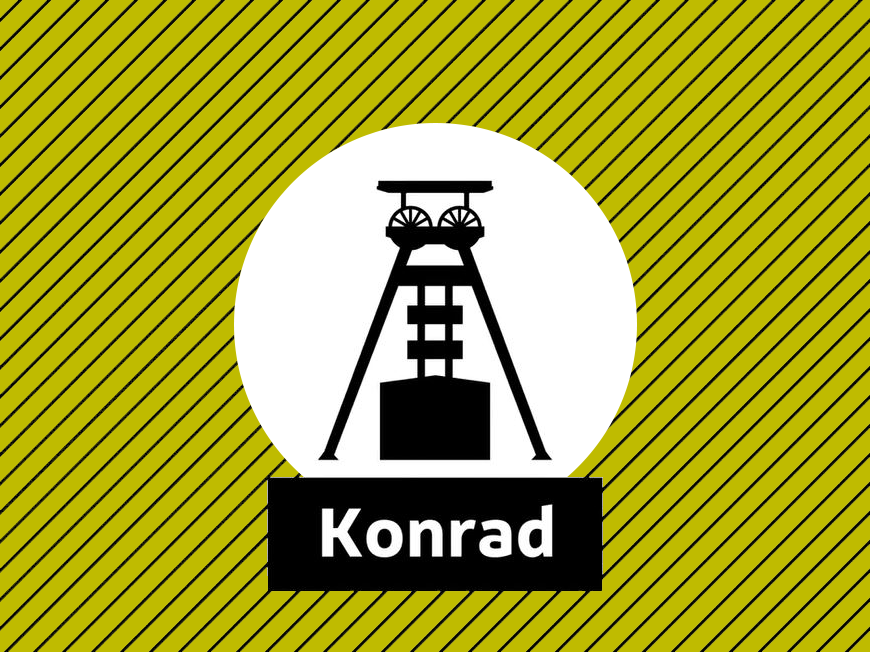Endlager Konrad In einem Kreis ist das Piktogramm des Förderturms des Endlagers Konrad zu sehen. Darunter steht Konrad.