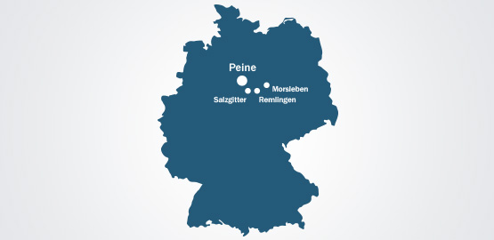Deutschland-Karte mit markierten Standorten der BGE: Peine, Salzgitter, Remlingen und Morsleben